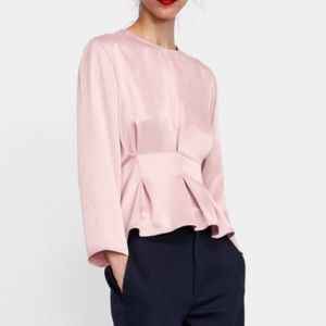 Zara pink silky pleated long sleeve top / blouse